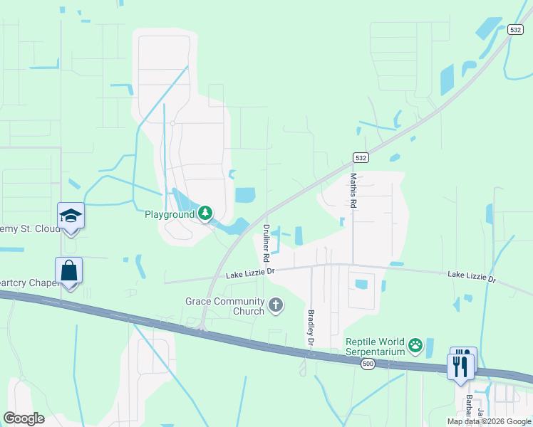 map of restaurants, bars, coffee shops, grocery stores, and more near County Road 532 in Osceola County