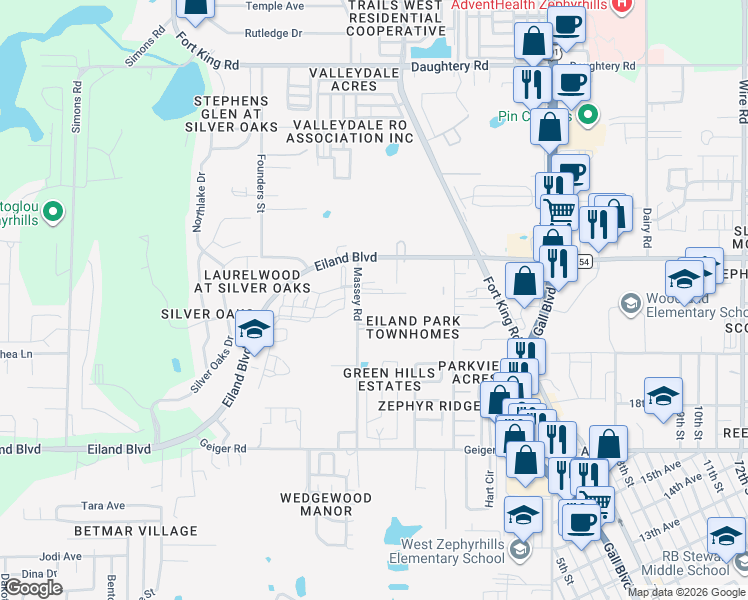 map of restaurants, bars, coffee shops, grocery stores, and more near 37522 Tall Pines Drive in Zephyrhills