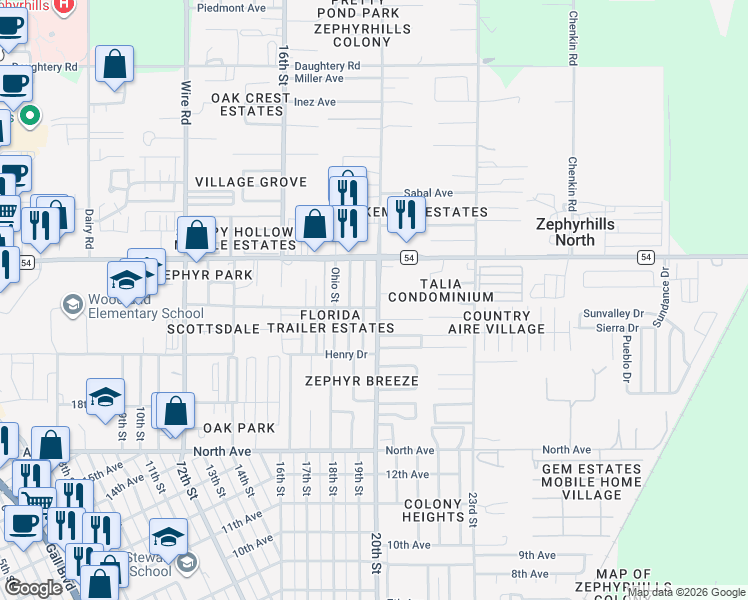 map of restaurants, bars, coffee shops, grocery stores, and more near 6416 20th Street in Zephyrhills