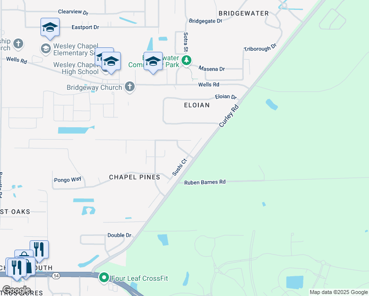 map of restaurants, bars, coffee shops, grocery stores, and more near 31005 Midtown Court in Wesley Chapel