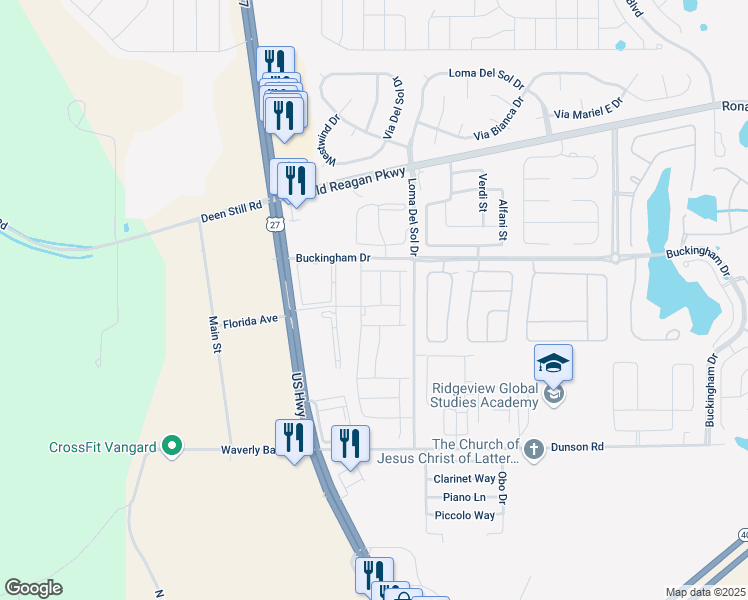 map of restaurants, bars, coffee shops, grocery stores, and more near 220 Burford Circle in Davenport