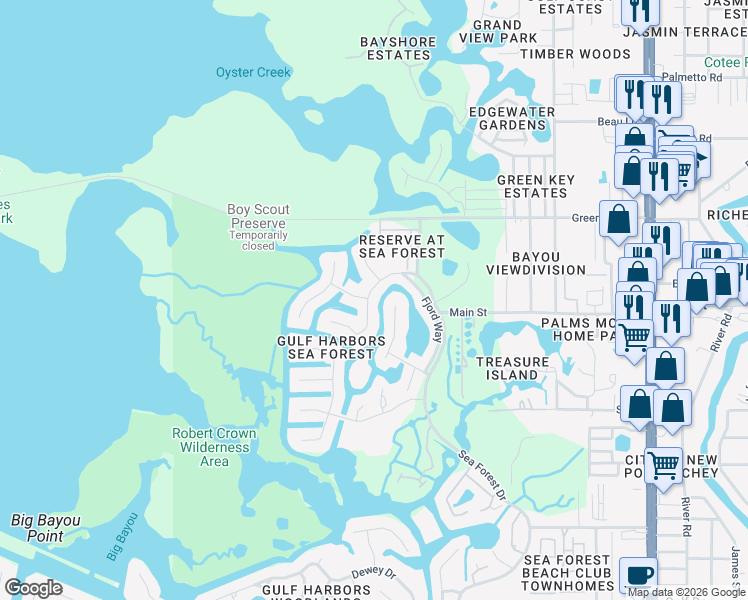 map of restaurants, bars, coffee shops, grocery stores, and more near 6312 Spoonbill Drive in New Port Richey