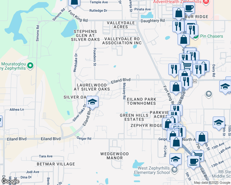 map of restaurants, bars, coffee shops, grocery stores, and more near 6440 Ashville Drive in Zephyrhills