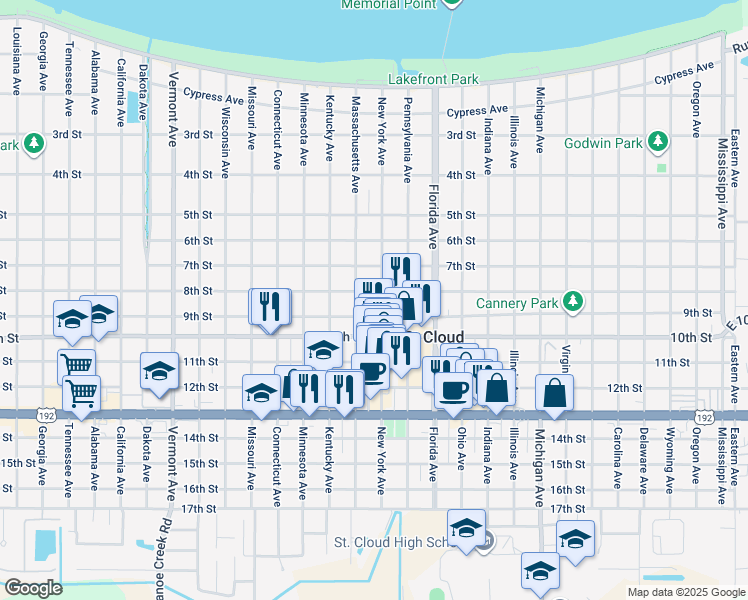 map of restaurants, bars, coffee shops, grocery stores, and more near 808 New York Avenue in Saint Cloud