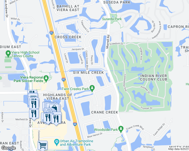 map of restaurants, bars, coffee shops, grocery stores, and more near 1355 Ambra Drive in Melbourne