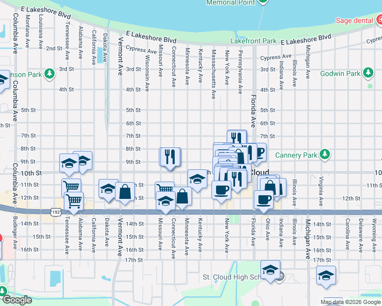 map of restaurants, bars, coffee shops, grocery stores, and more near 711 Minnesota Avenue in St. Cloud