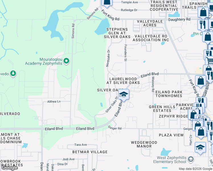 map of restaurants, bars, coffee shops, grocery stores, and more near 6418 Huntington Drive in Zephyrhills