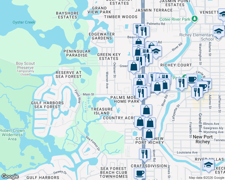 map of restaurants, bars, coffee shops, grocery stores, and more near 6344 Werner Avenue in New Port Richey