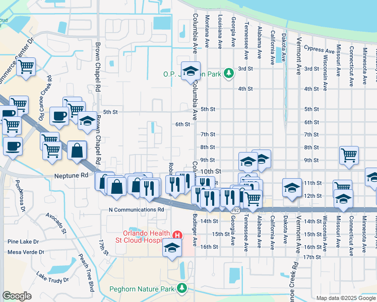 map of restaurants, bars, coffee shops, grocery stores, and more near 812 Columbia Avenue in Saint Cloud