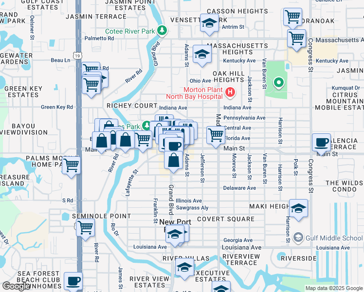 map of restaurants, bars, coffee shops, grocery stores, and more near 6577 Circle Boulevard in New Port Richey