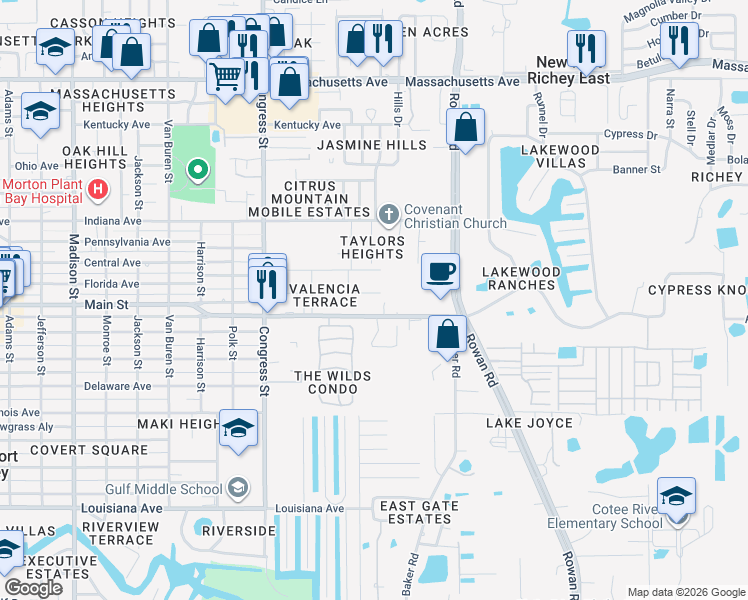 map of restaurants, bars, coffee shops, grocery stores, and more near 6801 Old Main Street in New Port Richey