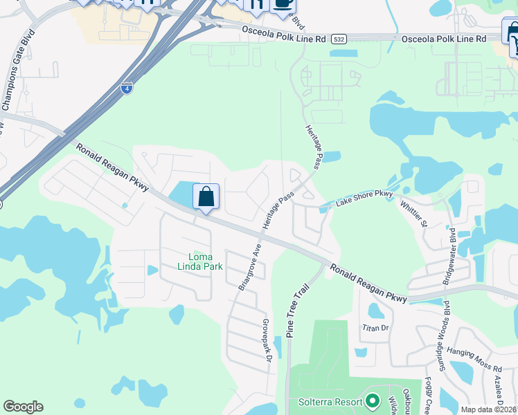 map of restaurants, bars, coffee shops, grocery stores, and more near Pine Ridge Drive in Polk County