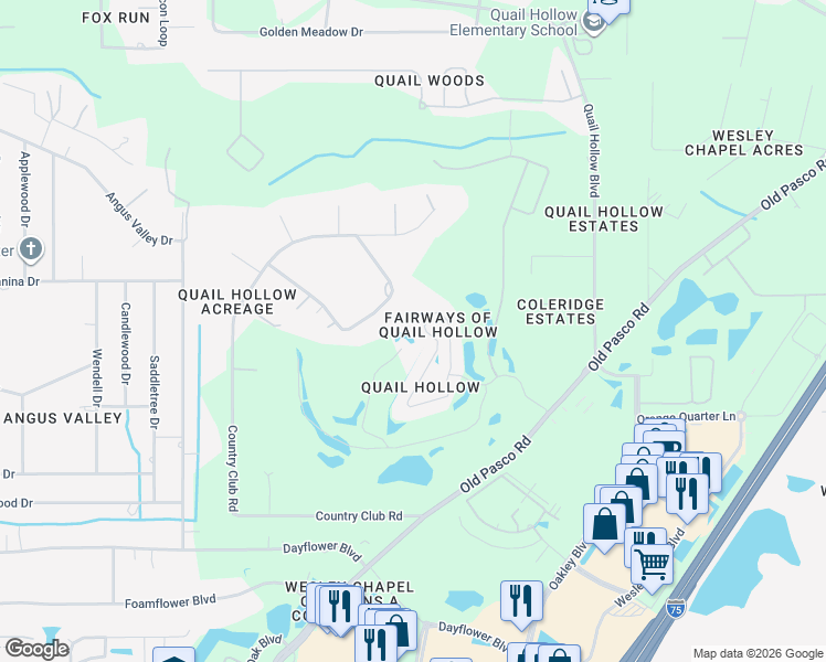 map of restaurants, bars, coffee shops, grocery stores, and more near 6431 Gentle Ben Circle in Wesley Chapel