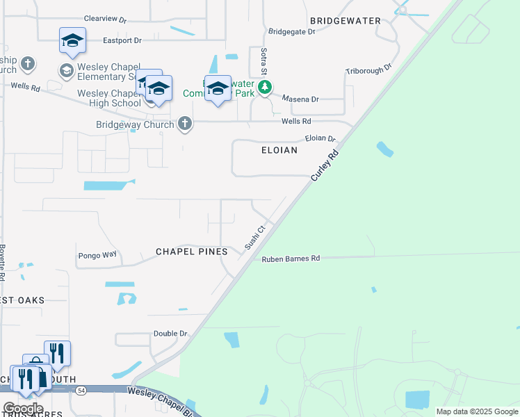 map of restaurants, bars, coffee shops, grocery stores, and more near 6410 Pine Top Way in Wesley Chapel