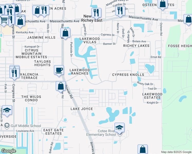map of restaurants, bars, coffee shops, grocery stores, and more near 6336 Runnel Drive in New Port Richey