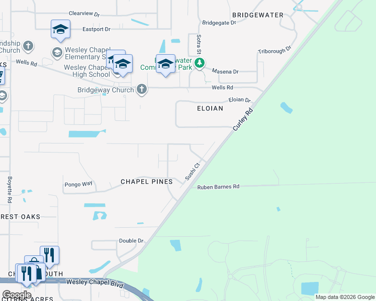 map of restaurants, bars, coffee shops, grocery stores, and more near 6425 Pine Top Way in Wesley Chapel