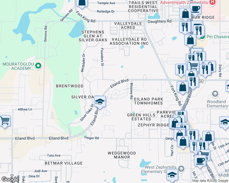 map of restaurants, bars, coffee shops, grocery stores, and more near 6400 Ashville Drive in Zephyrhills