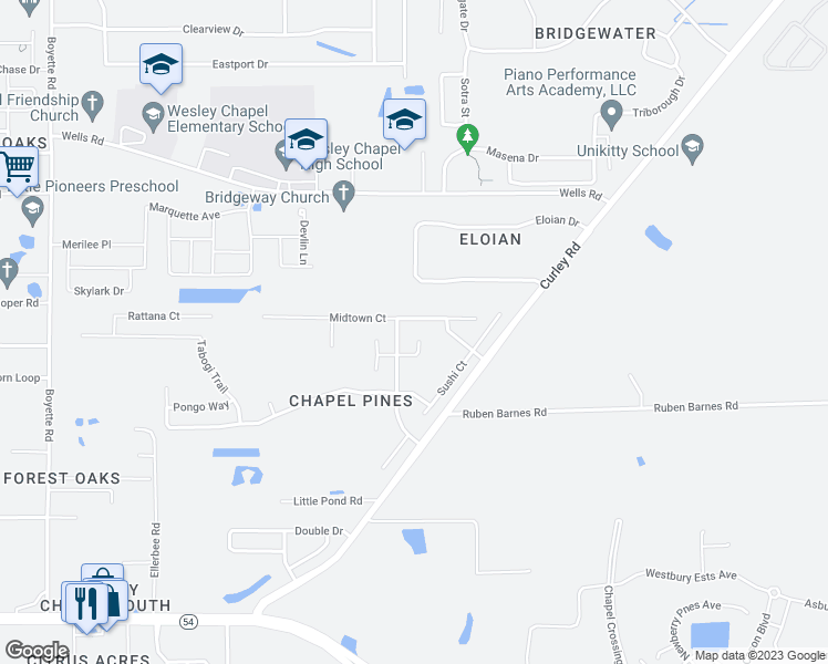 map of restaurants, bars, coffee shops, grocery stores, and more near 30915 Sade Court in Wesley Chapel