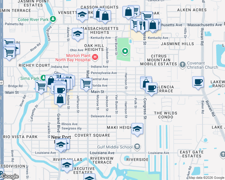 map of restaurants, bars, coffee shops, grocery stores, and more near 6221 Florida Avenue in New Port Richey
