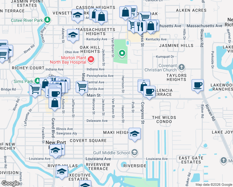 map of restaurants, bars, coffee shops, grocery stores, and more near 6221 Florida Avenue in New Port Richey