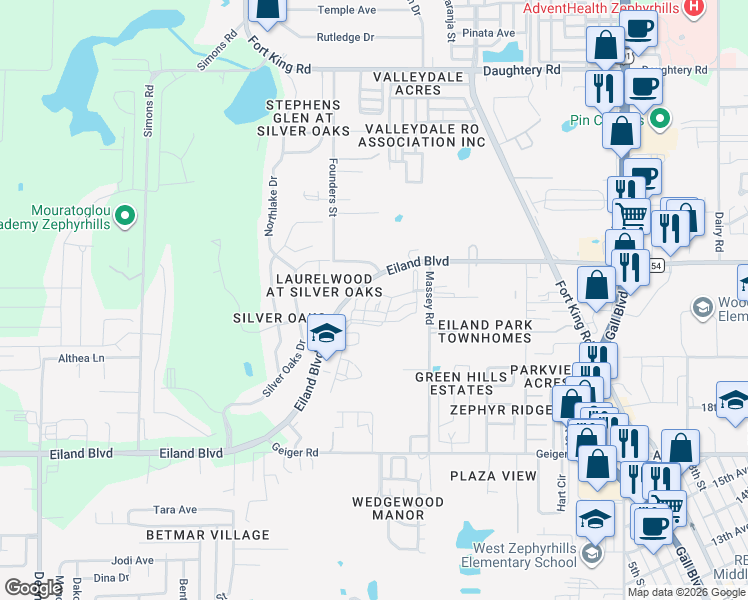 map of restaurants, bars, coffee shops, grocery stores, and more near 6400 Ashville Drive in Zephyrhills