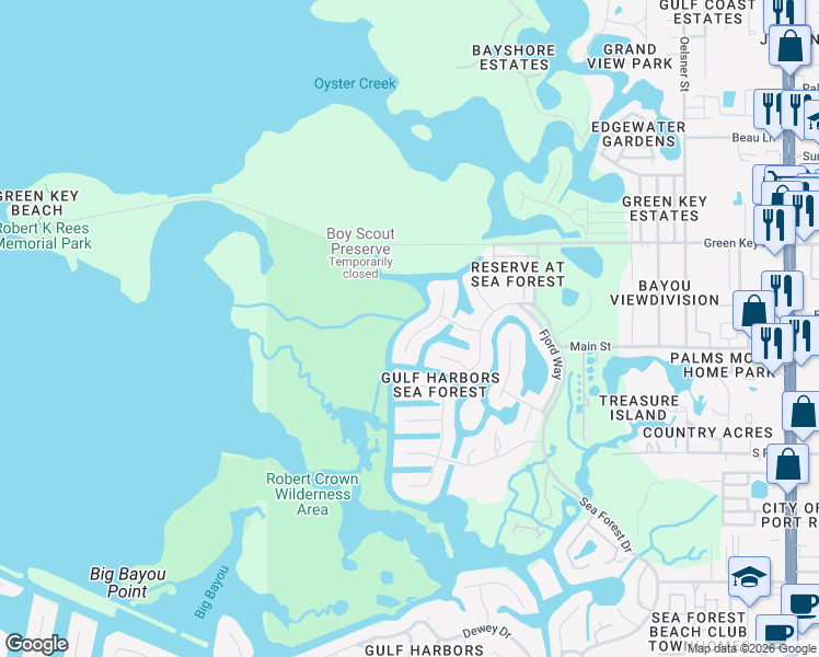 map of restaurants, bars, coffee shops, grocery stores, and more near 6325 Garland Court in New Port Richey