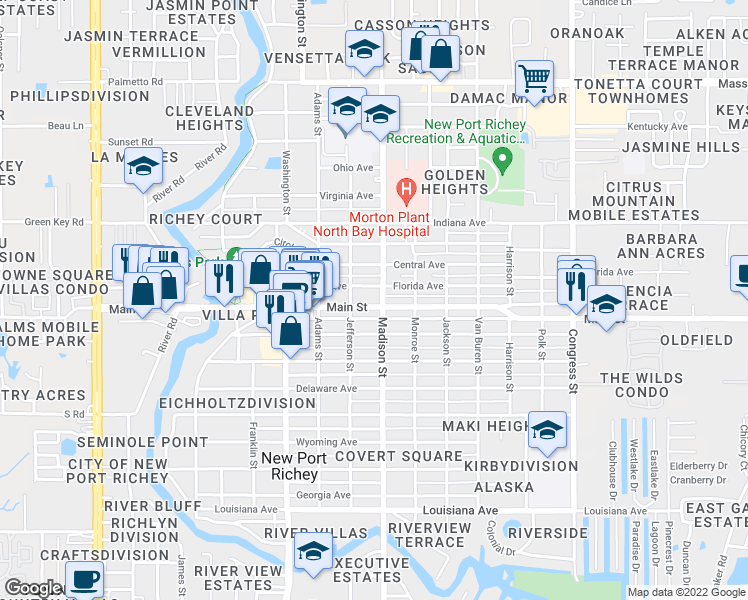 map of restaurants, bars, coffee shops, grocery stores, and more near 5939 Main Street in New Port Richey