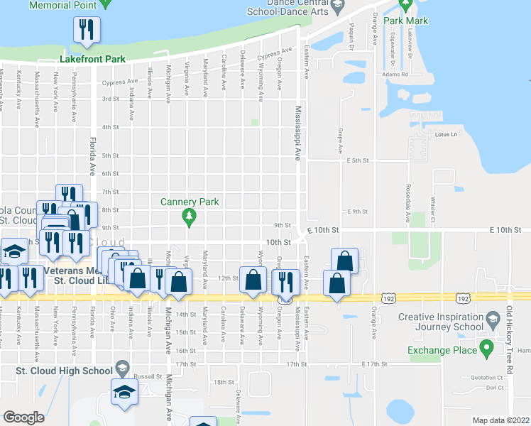 map of restaurants, bars, coffee shops, grocery stores, and more near 801 Wyoming Avenue in St. Cloud