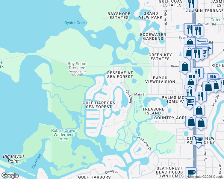 map of restaurants, bars, coffee shops, grocery stores, and more near 6323 Spoonbill Drive in Port Richey