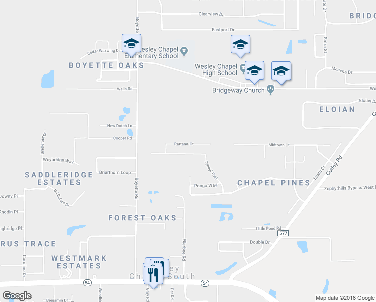 map of restaurants, bars, coffee shops, grocery stores, and more near 6452 Tabogi Trail in Wesley Chapel