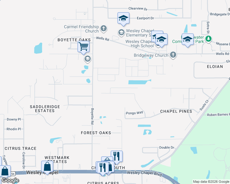 map of restaurants, bars, coffee shops, grocery stores, and more near 6518 Tabogi Trail in Wesley Chapel