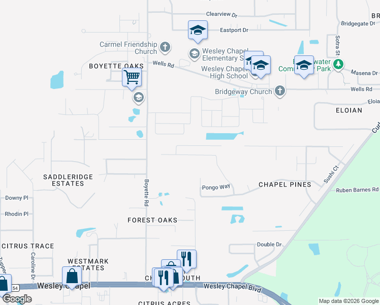 map of restaurants, bars, coffee shops, grocery stores, and more near 6510 Tabogi Trail in Wesley Chapel
