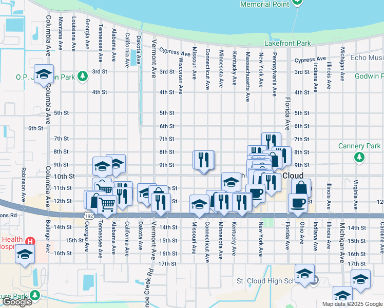 map of restaurants, bars, coffee shops, grocery stores, and more near 802 Missouri Avenue in Saint Cloud