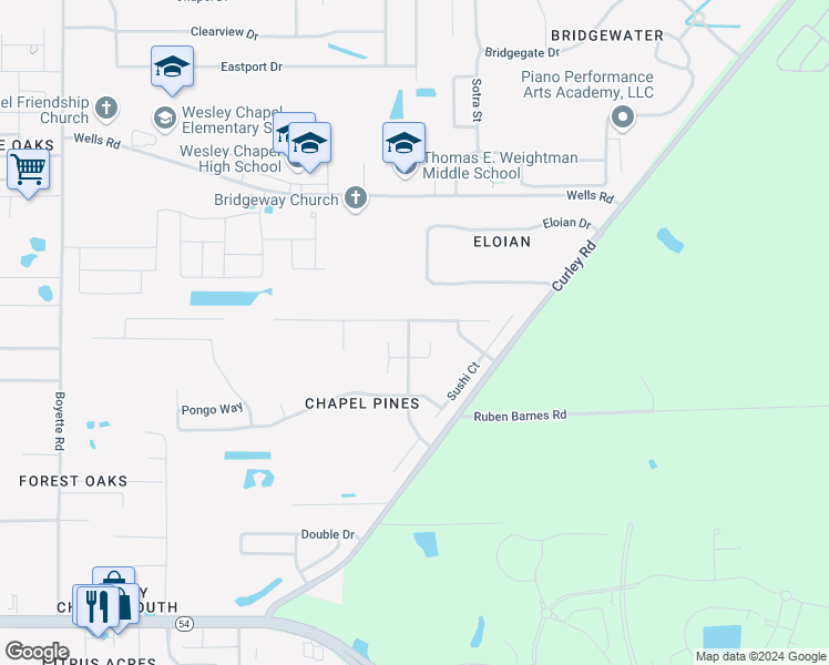 map of restaurants, bars, coffee shops, grocery stores, and more near 6418 Chapel Pines Boulevard in Wesley Chapel