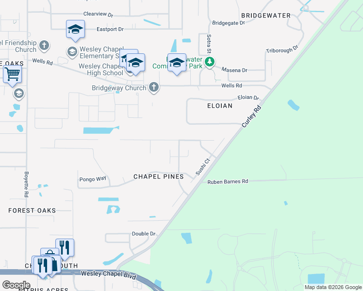 map of restaurants, bars, coffee shops, grocery stores, and more near 6418 Chapel Pines Boulevard in Wesley Chapel