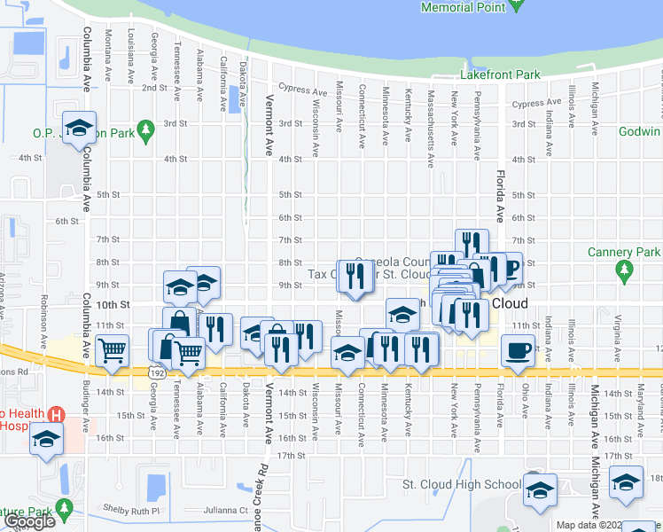 map of restaurants, bars, coffee shops, grocery stores, and more near 716 Missouri Avenue in St. Cloud