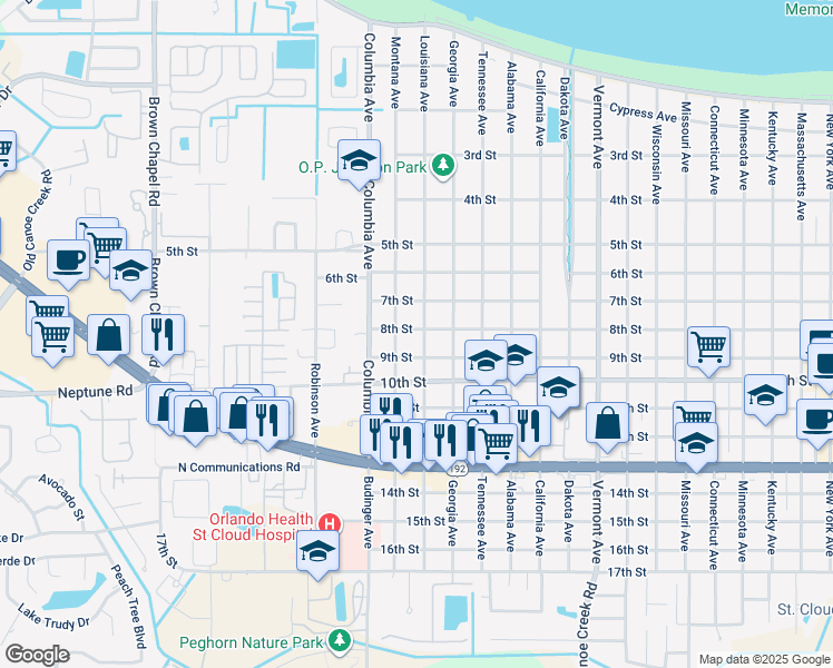 map of restaurants, bars, coffee shops, grocery stores, and more near 719 Montana Avenue in St. Cloud