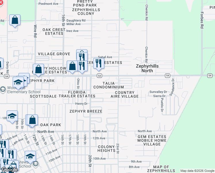 map of restaurants, bars, coffee shops, grocery stores, and more near 39132 County Road 54 in Zephyrhills