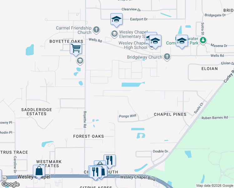 map of restaurants, bars, coffee shops, grocery stores, and more near 6452 Tabogi Trail in Wesley Chapel
