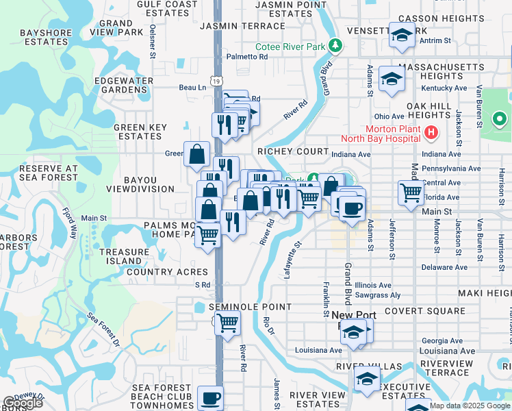 map of restaurants, bars, coffee shops, grocery stores, and more near 6322 Lambert Lane in New Port Richey