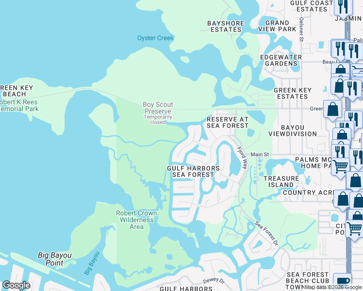 map of restaurants, bars, coffee shops, grocery stores, and more near 6325 Garland Court in New Port Richey