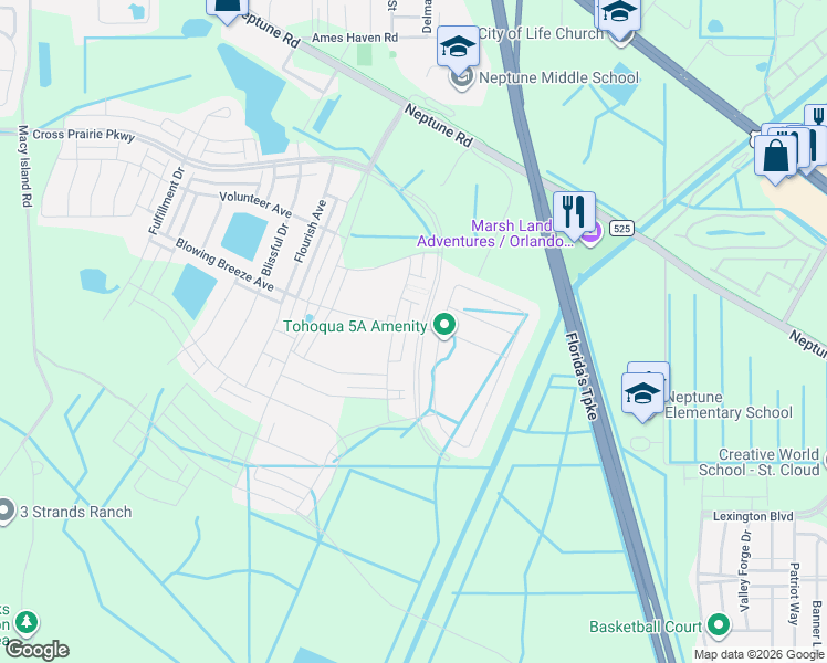 map of restaurants, bars, coffee shops, grocery stores, and more near 2730 Neptune Road in Kissimmee