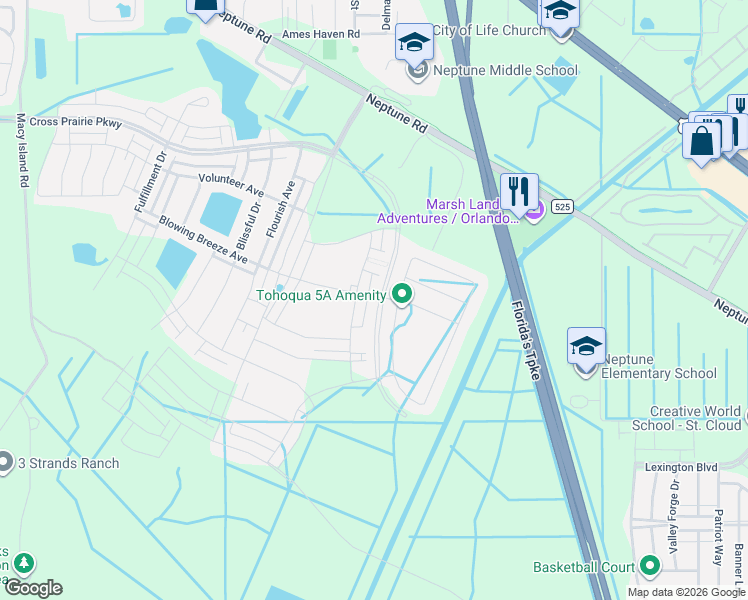 map of restaurants, bars, coffee shops, grocery stores, and more near 2730 Neptune Road in Kissimmee