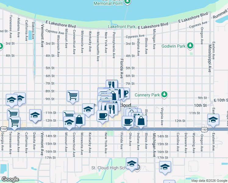 map of restaurants, bars, coffee shops, grocery stores, and more near Pennsylvania Avenue in Saint Cloud