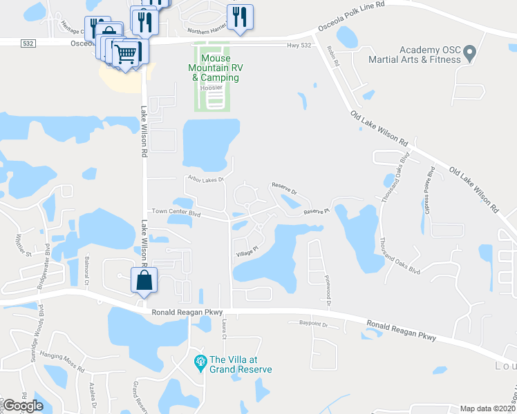 map of restaurants, bars, coffee shops, grocery stores, and more near 120 Terrace Ridge Circle in Davenport