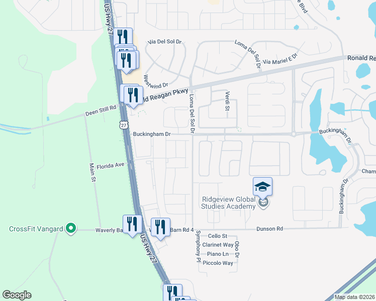 map of restaurants, bars, coffee shops, grocery stores, and more near 210 Burford Circle in Davenport