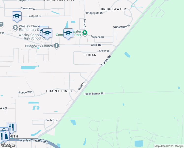 map of restaurants, bars, coffee shops, grocery stores, and more near 6434 Sushi Court in Wesley Chapel