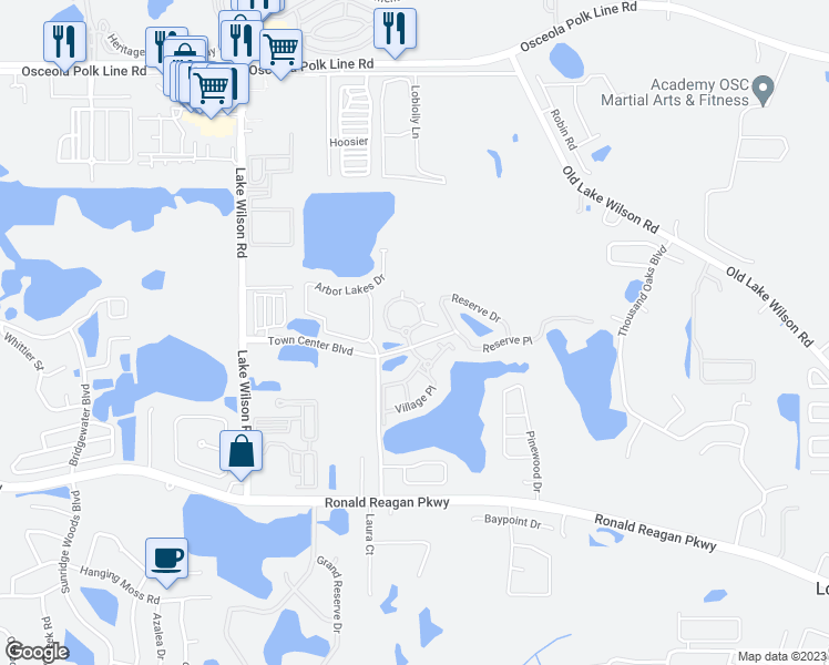 map of restaurants, bars, coffee shops, grocery stores, and more near 107 Terrace Ridge Circle in Davenport