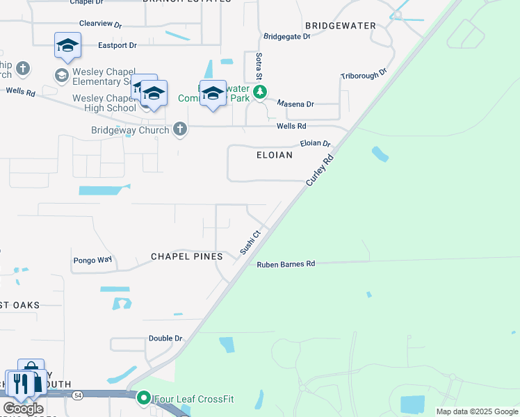 map of restaurants, bars, coffee shops, grocery stores, and more near 30944 Midtown Court in Wesley Chapel