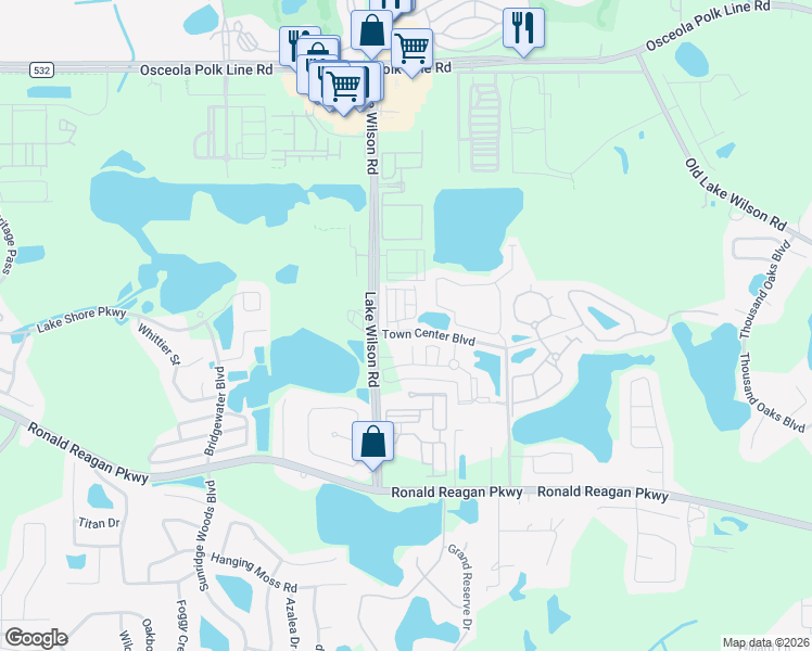 map of restaurants, bars, coffee shops, grocery stores, and more near 201 Town Center Boulevard in Davenport
